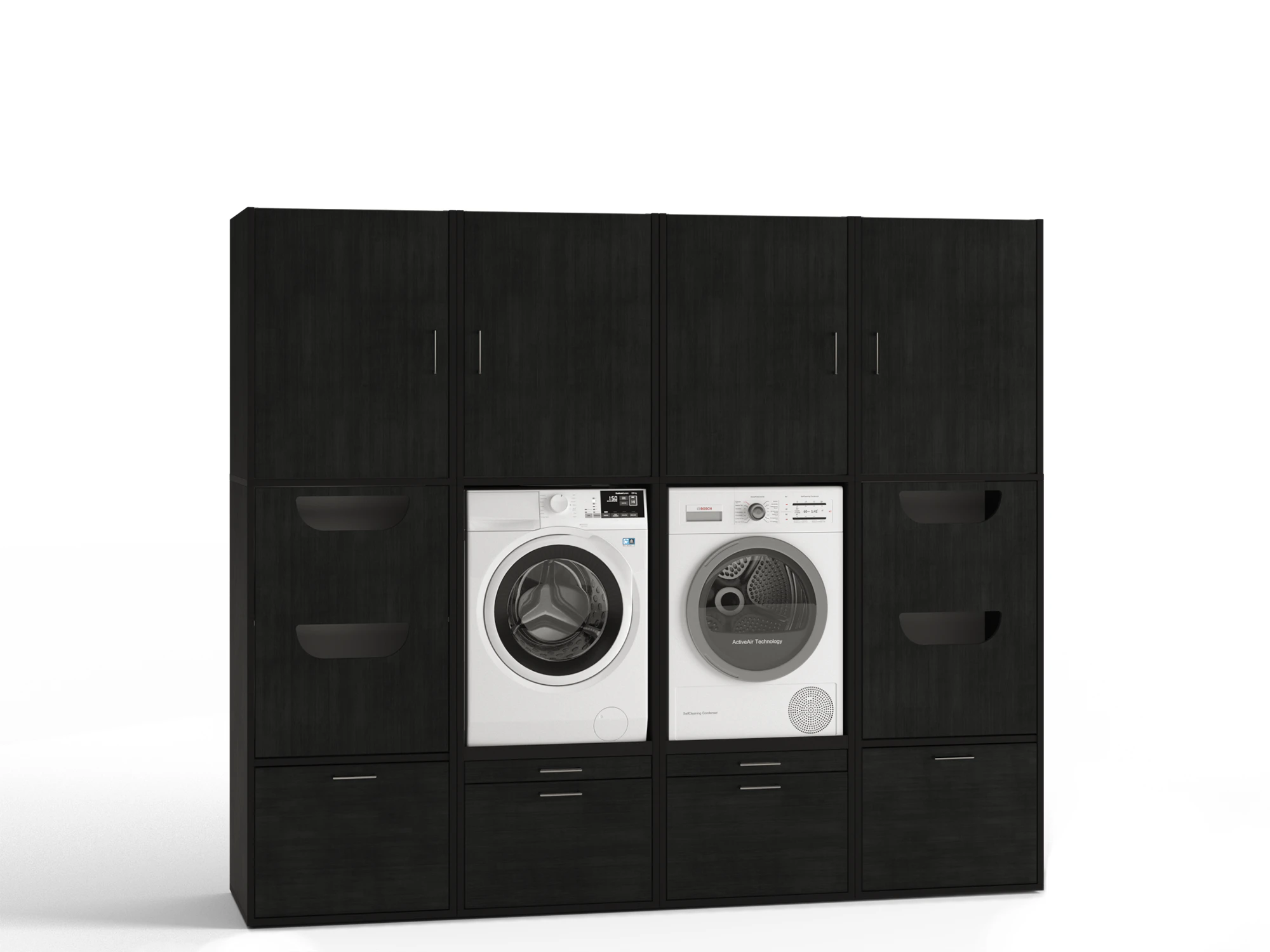 Black double washing machine and dryer cupboard wall with large top cabinets and laundry basket cabinets