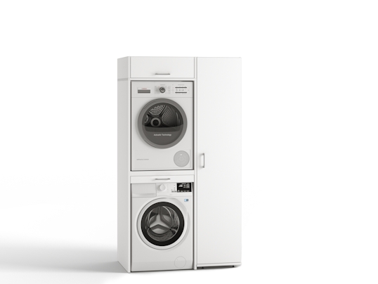 White washing machine and dryer tower wall with single long cupboard