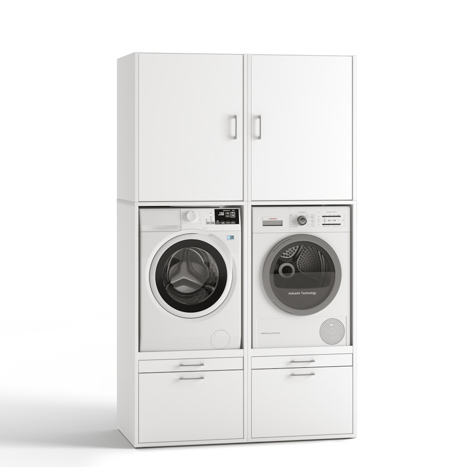 Weißer Waschmaschinen Überbauschrank mit hohem Schrankaufsatz für zusätzlichen Stauraum