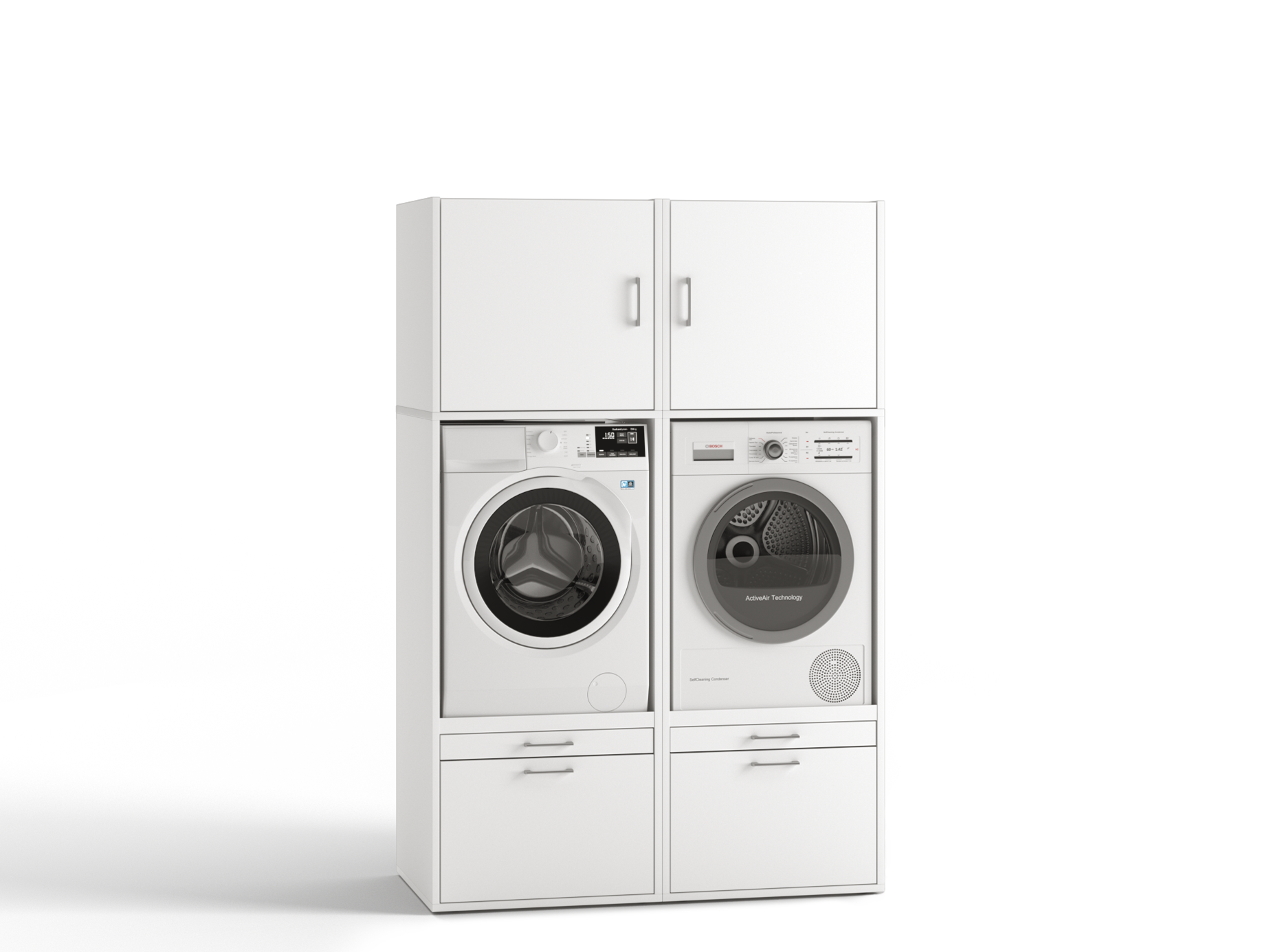 White cupboard wall to raise washing machine & dryer with pullout tray