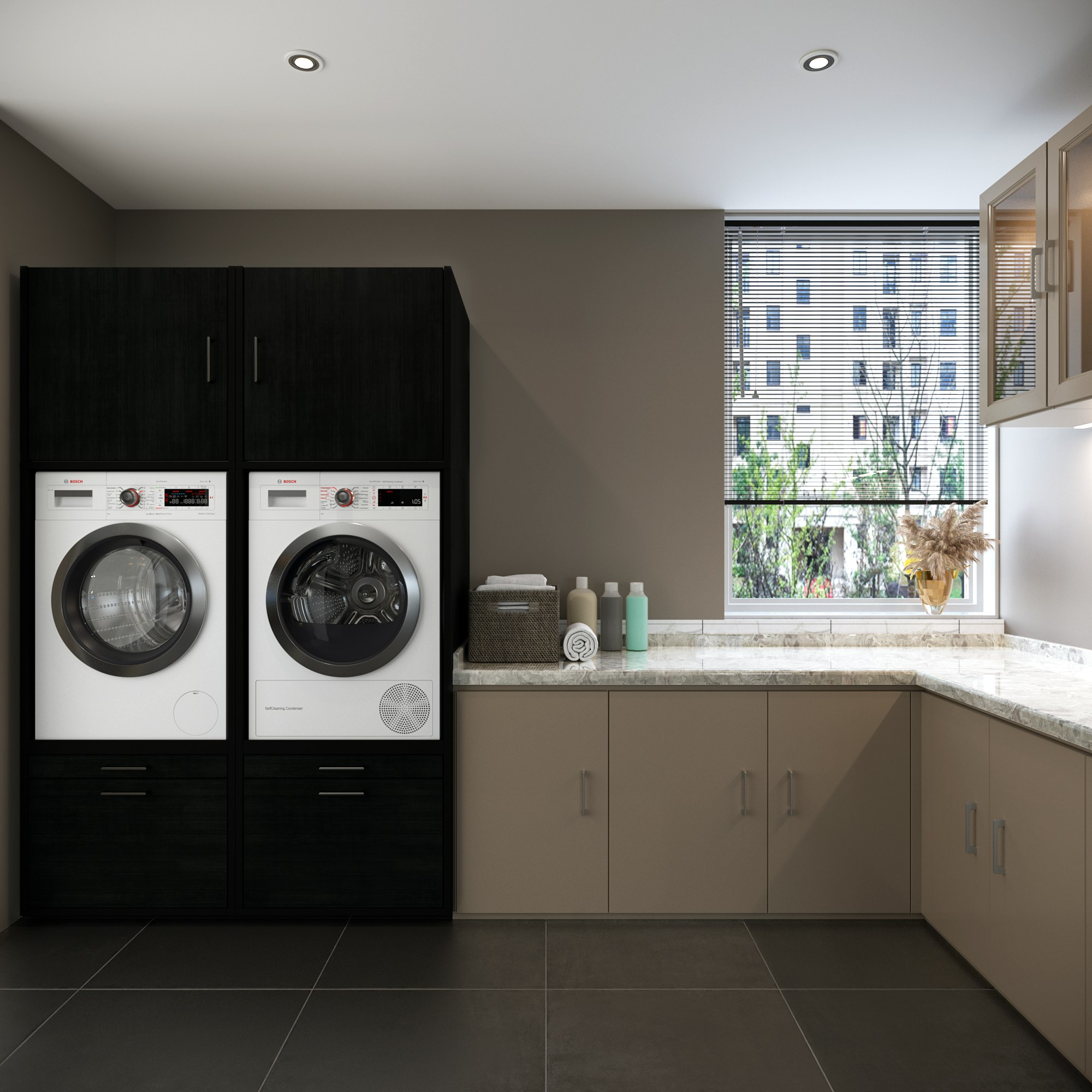 Waschmaschine und Trockner Schrank mit Schrankaufsätzen im Hauswirtschaftsraum