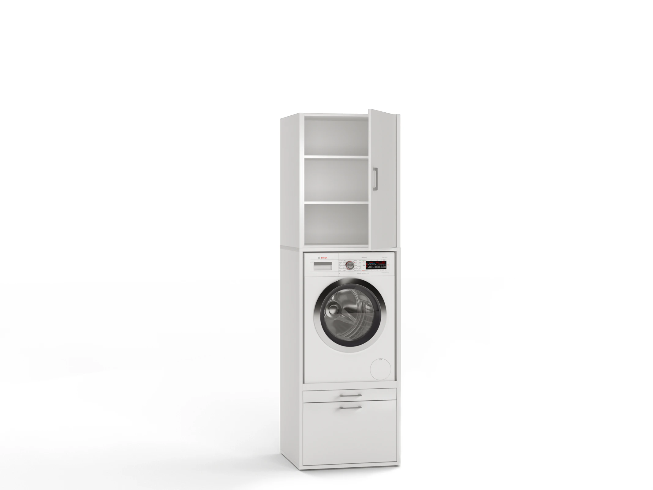 White cabinet with washing machine and open door