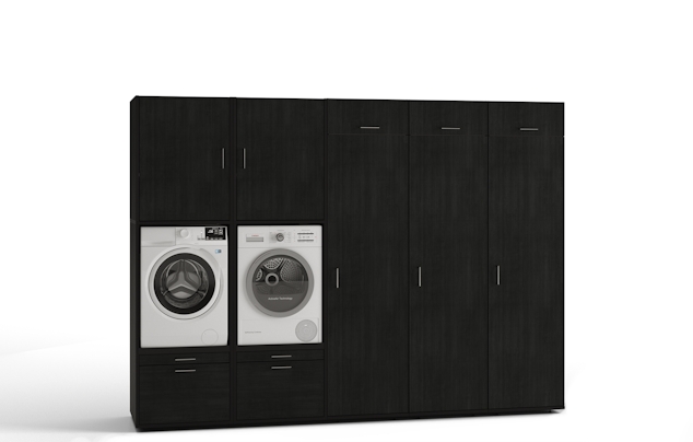 Black washing machine and dryer cupboard wall with three long cabinets on the right