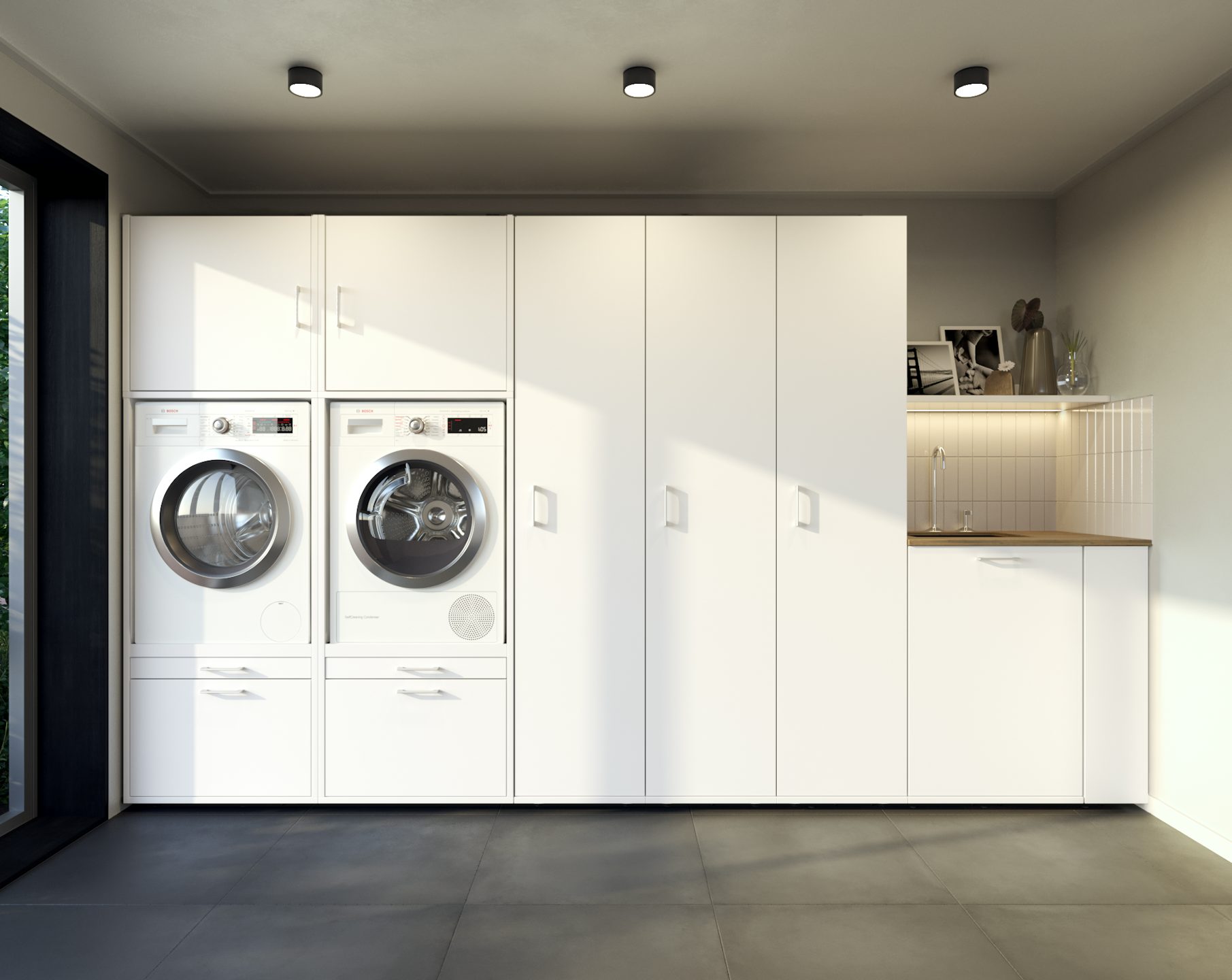 Verhoging wasmachine en droger voor het inrichten van een bijkeuken of waruimte met een wasmachine kast en spoelbak met onderkasten
