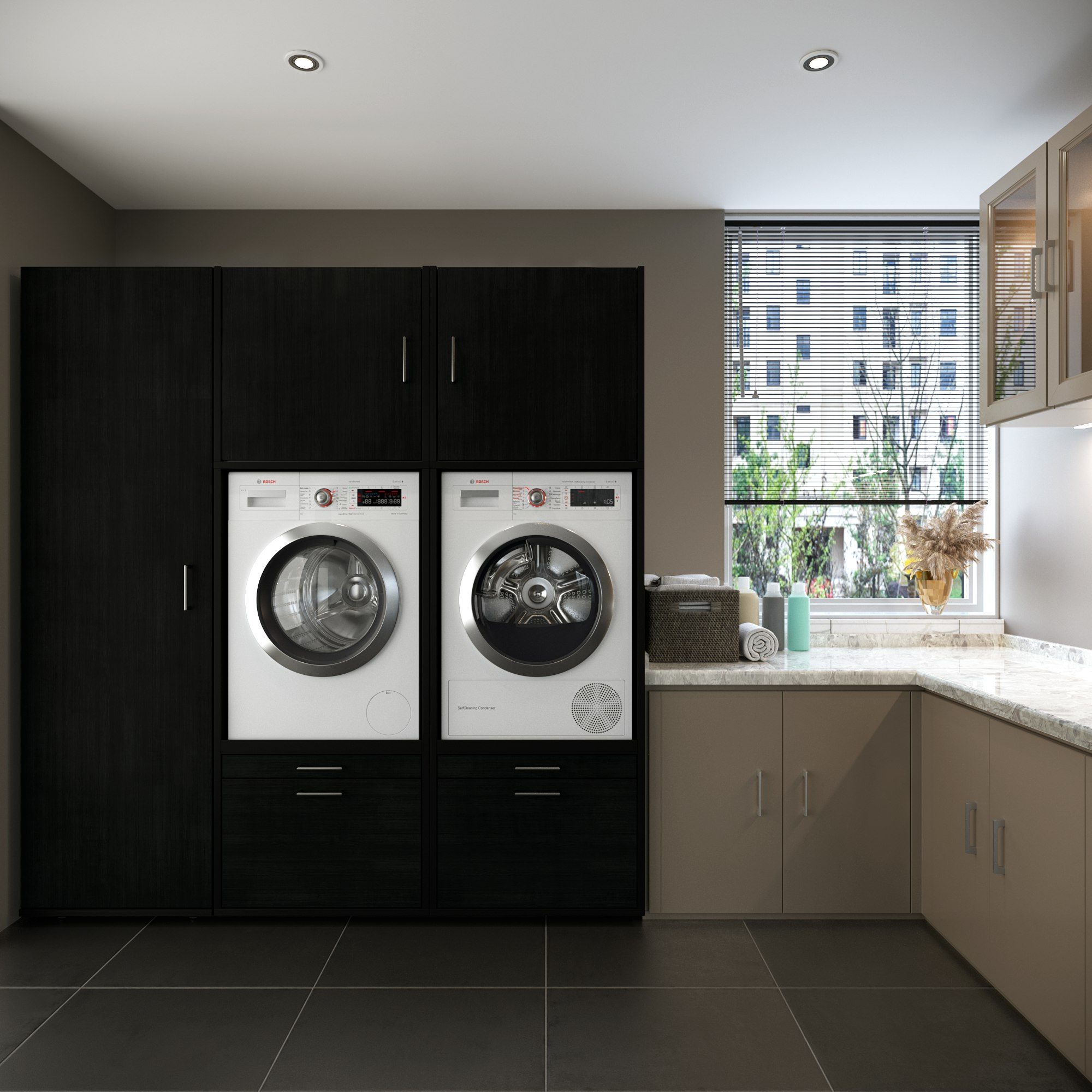 inspiratie voor het inrichten van een bijkeuken: een wasmachine en droger die veilig naast elkaar zijn geplaatst in een wasmachinekast, gecombineerd met een keukenblok en opbergruimte