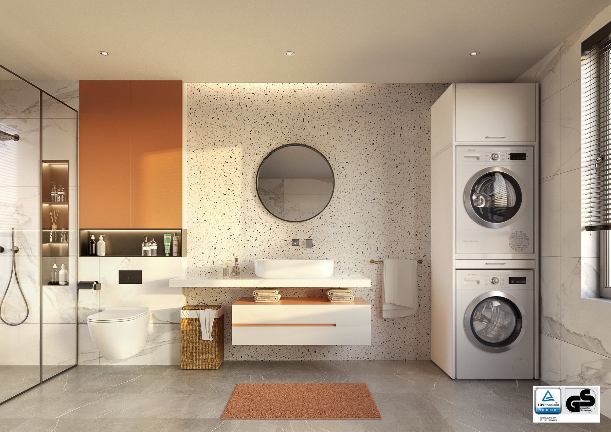 Deze afbeelding laat een witte wasmachine kast van Wastoren zien met daaronder een logo van TÜV Rheinland met het ID van het certificaat van deze kast.