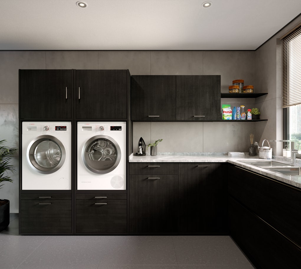 Hauswirtschaftsraum geschickt mit schwarzen Schränken von Waschturm einrichten. Inspirationen und Ideen