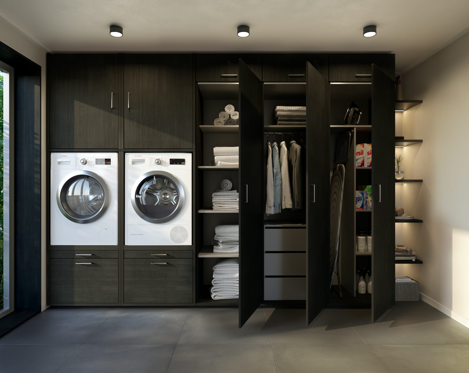 dubbele wasmachine droger kast zwart naast elkaar met uittrekplateau en inzetstuk voor wasmand inspiratie inspiratie ideeen decoratie