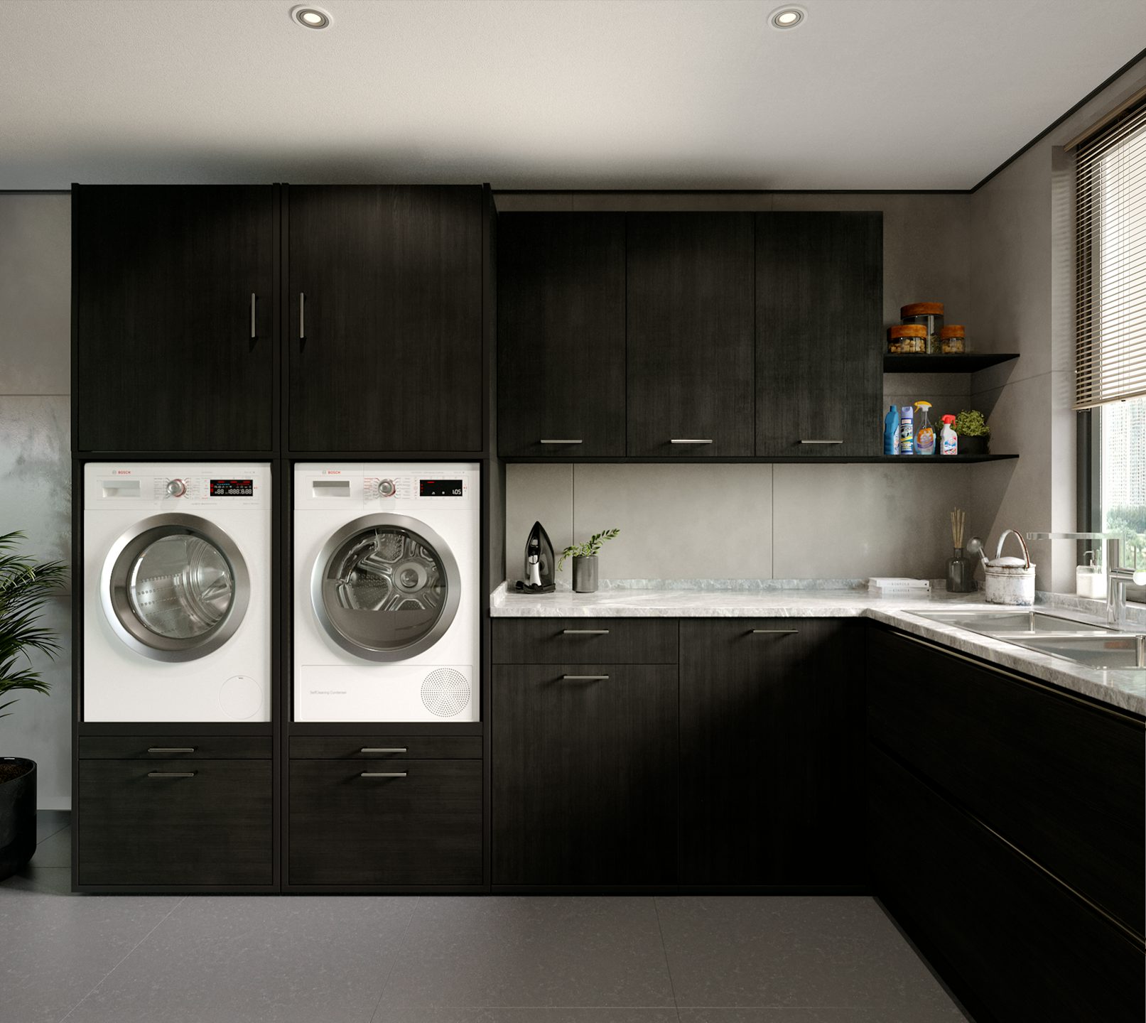 bijkeuken wasmachine kast inspiratie met bovenkasten voor opbergen en wasmachine en droger naast elkaar verhoger zwart