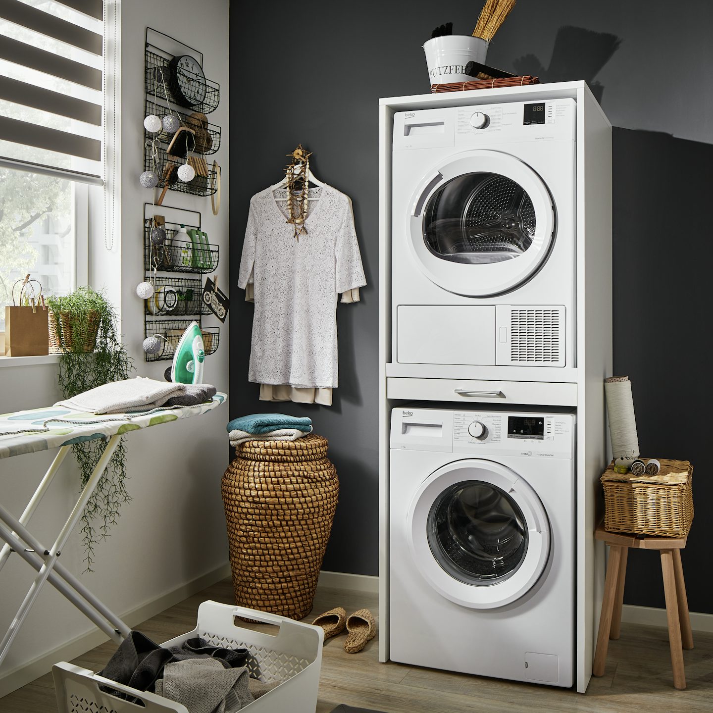 amenager buanderie petite espace meuble pour machine à laver sèche-linge