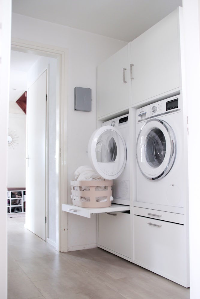 Washtower Transform compact utility rooms into accessible spaces with adaptable cupboards, including foldable cabinets, wall-mounted storage, and multi-functional units.