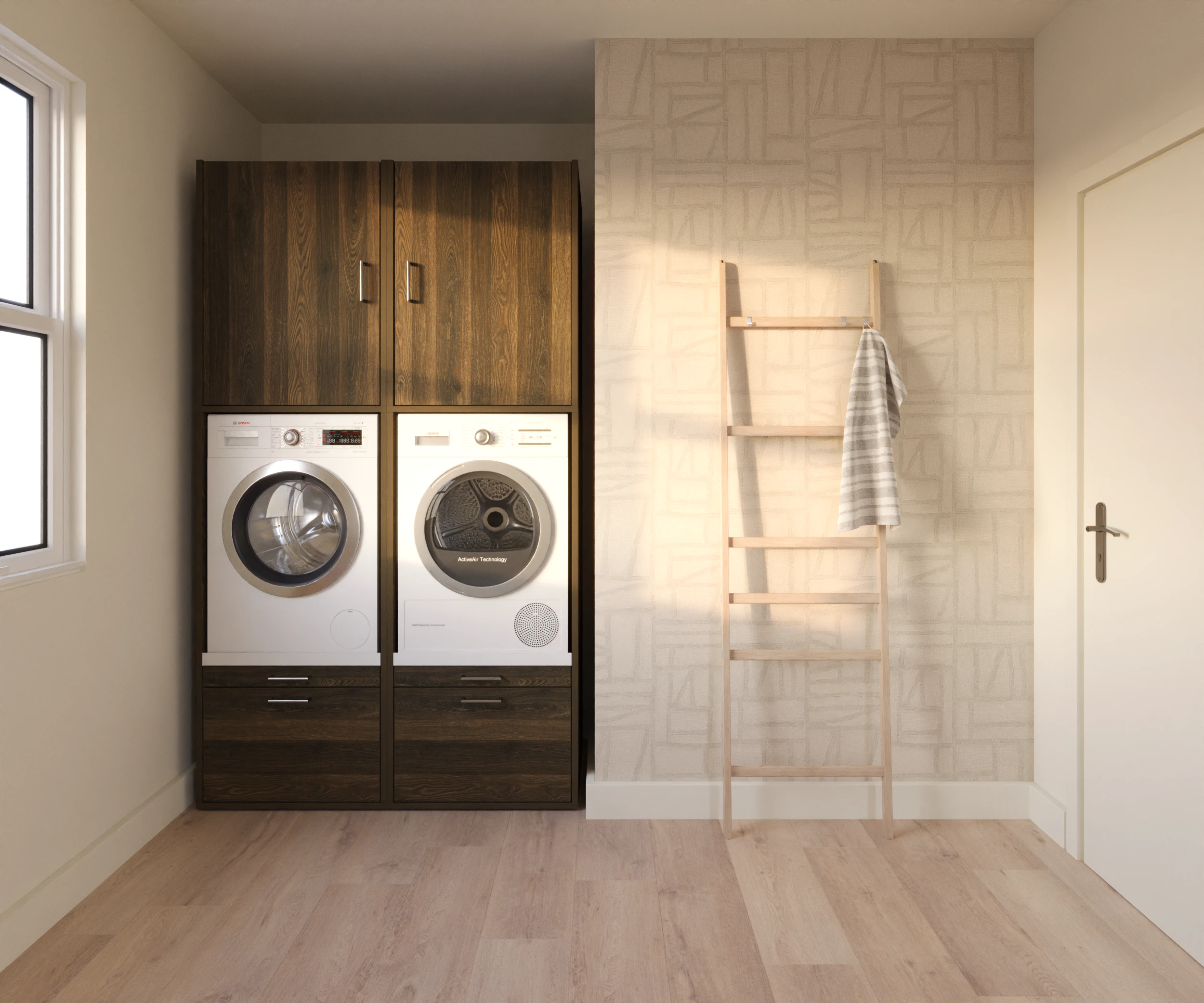 Kast voor wasmachine en droger naast elkaar in walnoot houten look | 134x233 cm (BxH Kast voor wasmachine en droger naast elkaar in walnoot houten look | 134x233 cm (BxH