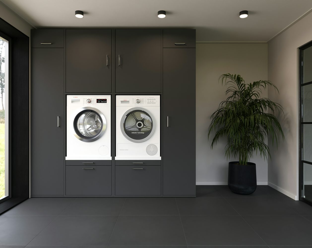 Washtower Anthracite Grey Washtower® Cabinet wall 1.5, for washing machine and dryer with double riser, pull-out shelf, laundry basket drawer and storage cabinets