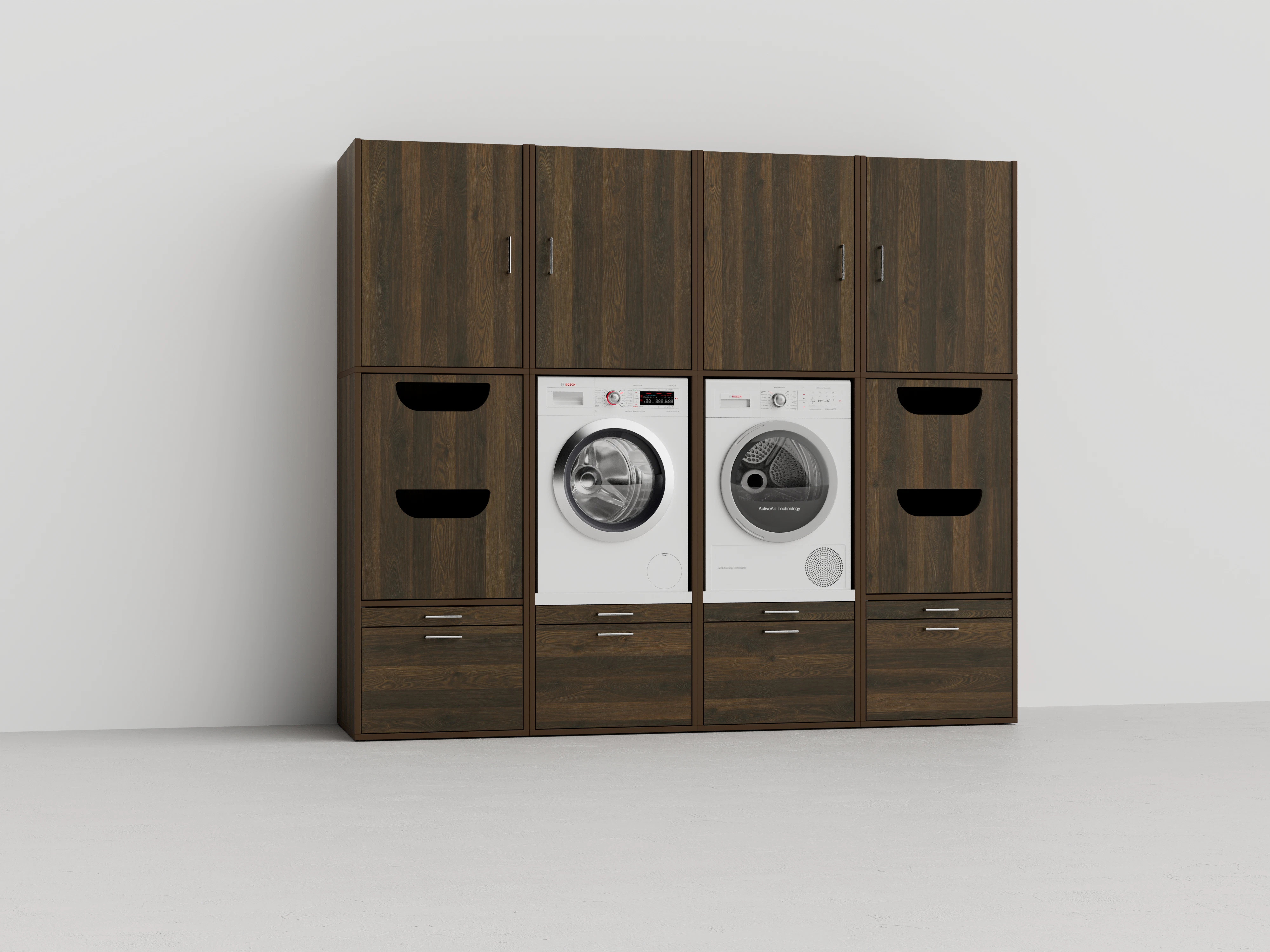 Schrankwand 1.4-WW von Waschturm™ in der Farbe Walnuss Holz mit Wäscheschränken und Aufsatzschränken
