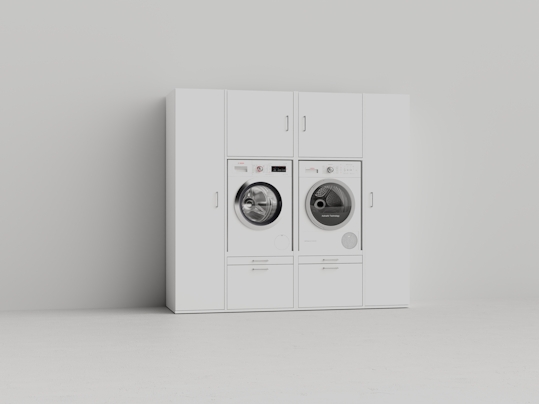 Wastoren Witte Wastoren® Kastenwand 1.8 voor wasmachine en droger met dubbele verhoger, uitschuifbare plank, wasmandlade en opbergkasten