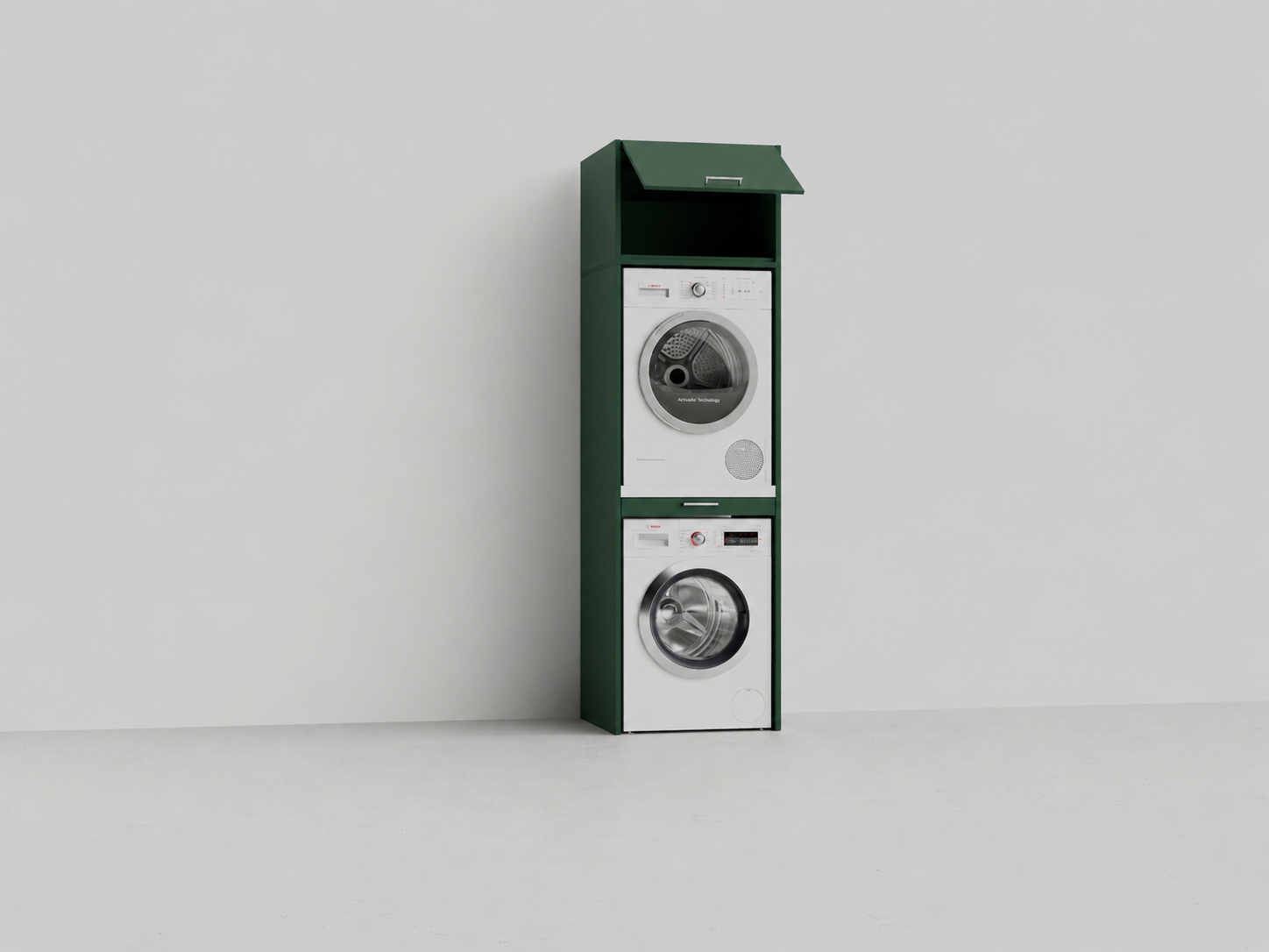 Dark Green Washtower® stacking cabinet, for dryer on washing machine, with pull-out shelf and storage cabinet