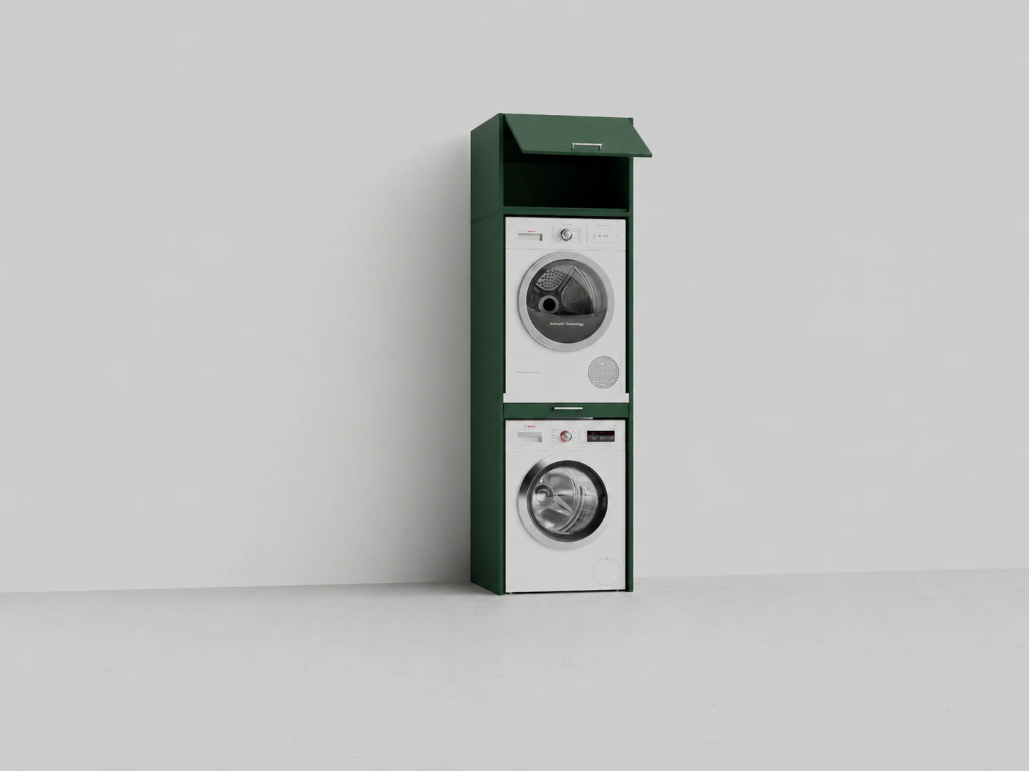 Washtower Dark Green Washtower® stacking cabinet, for dryer on washing machine, with pull-out shelf and storage cabinet
