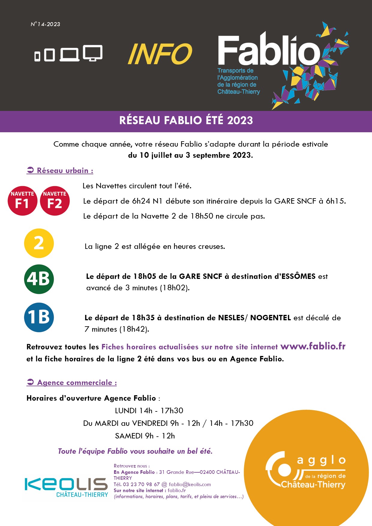 info horaires été du 10 juillet au 3 septembre 2023