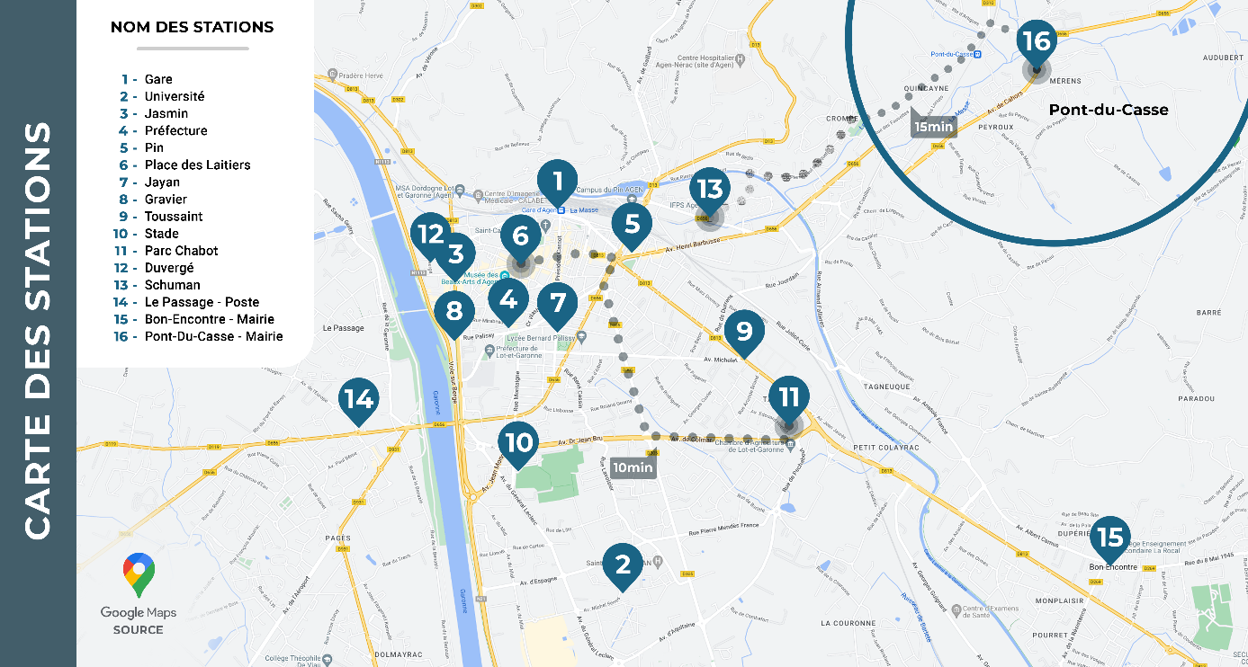 Carte des stations vélos électriques en libre-service sur l'Agglomération Agenaise