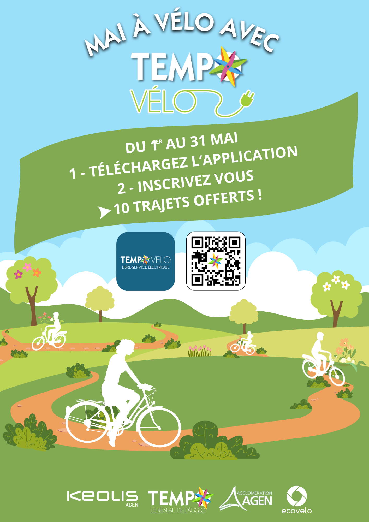 Affiche promotionnelle mai à vélo 2024 - 10 trajets offerts du 1er au 31 mai sur l'application TEMPO VELO