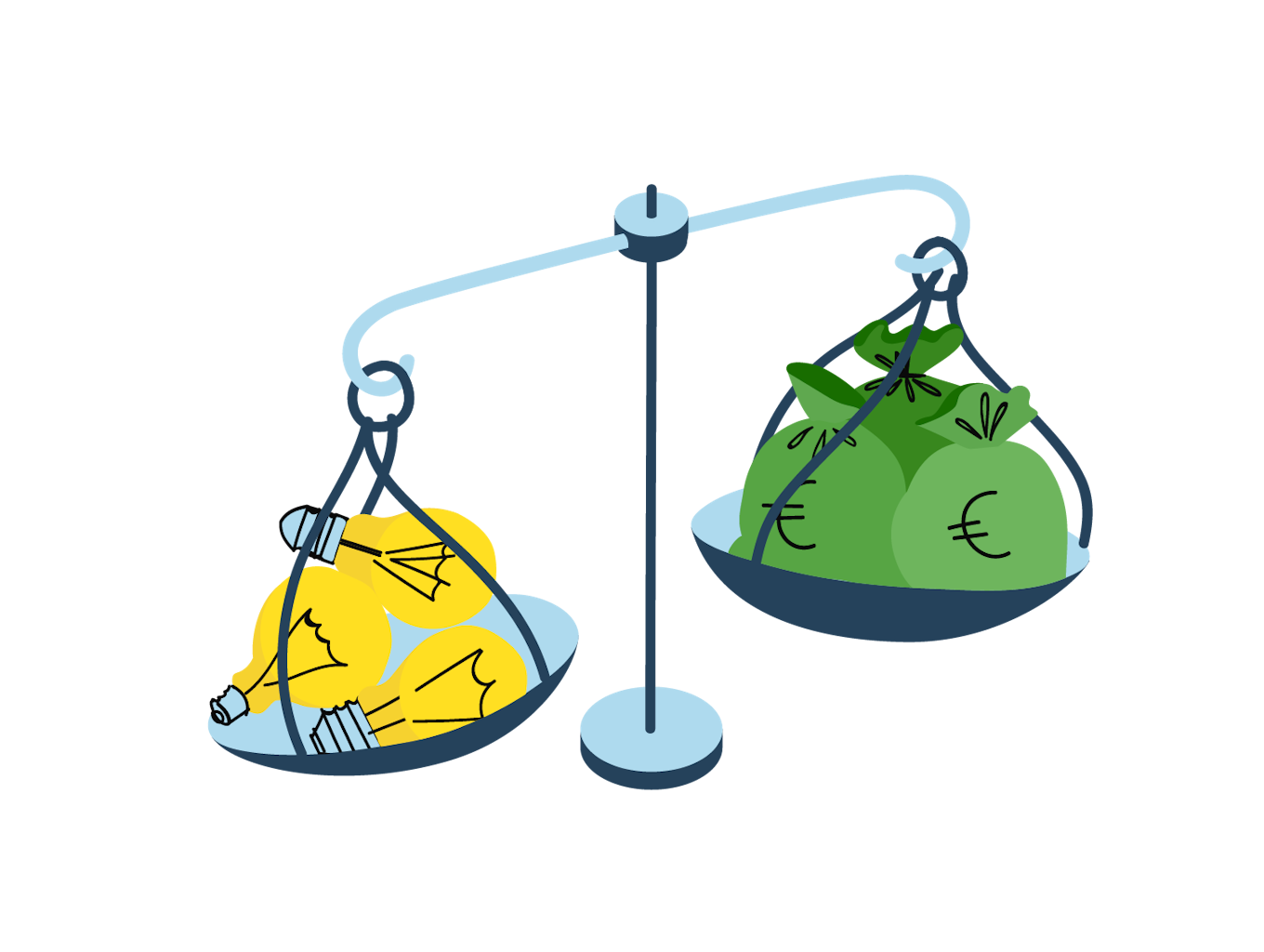 Scale with money on the right plate and light bulbs on the left one, to symbolize ideas