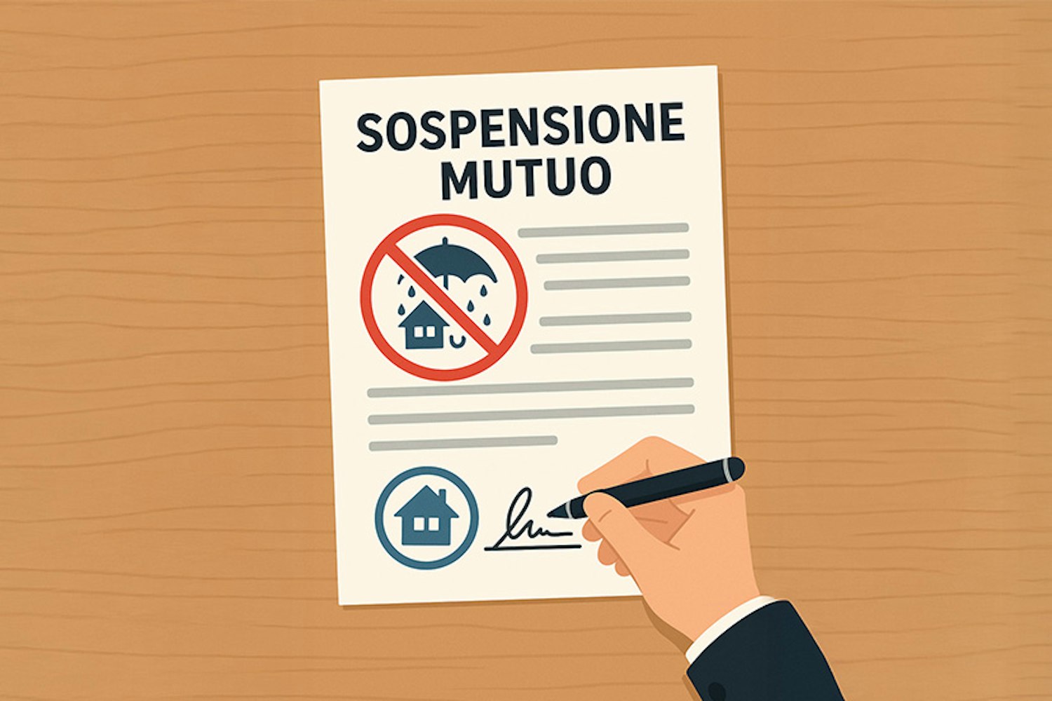 Illustrazione di una mano che firma una sospensione mutuo