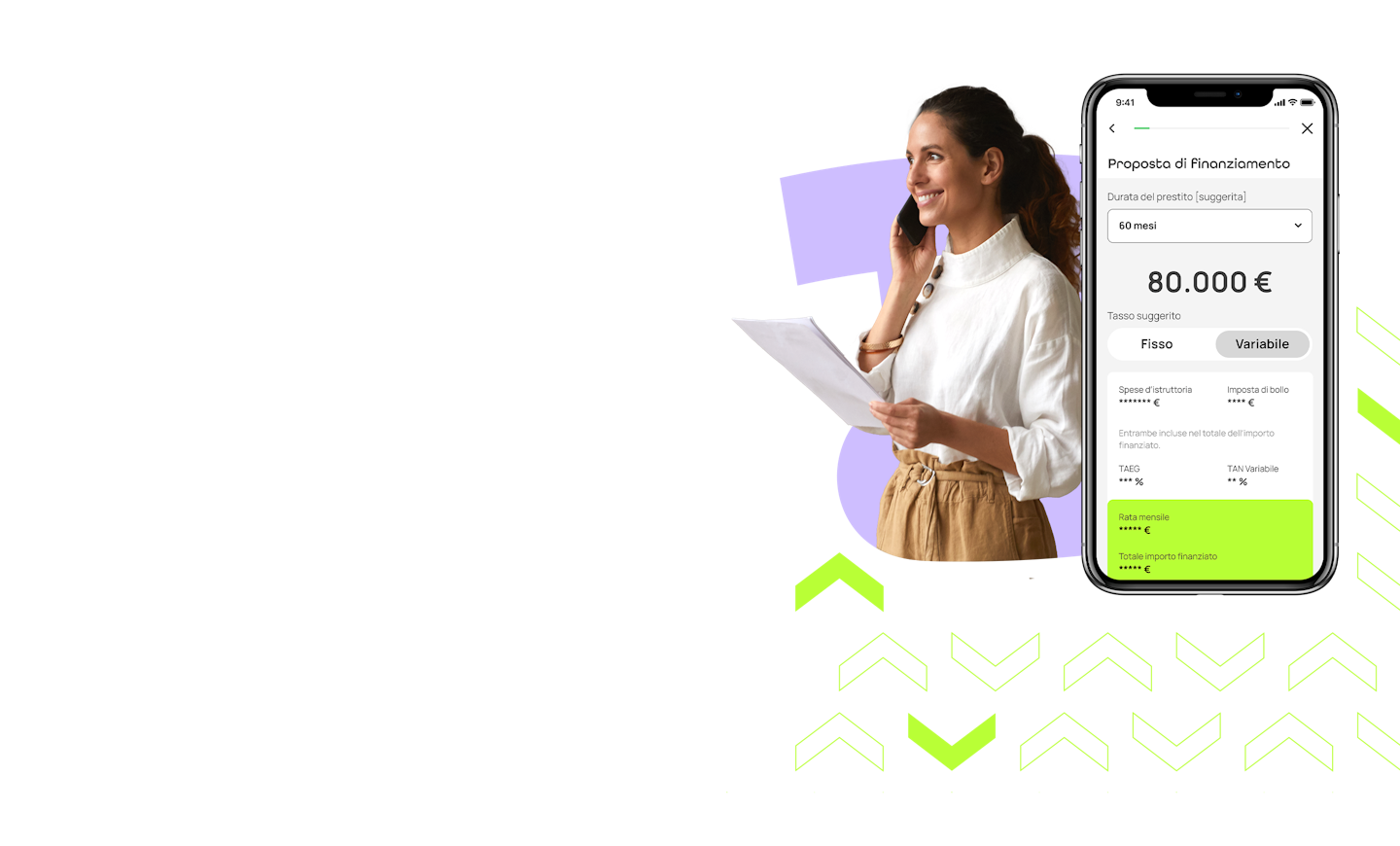 Donna al telefono con documenti in mano e smartphone interfaccia AideXa