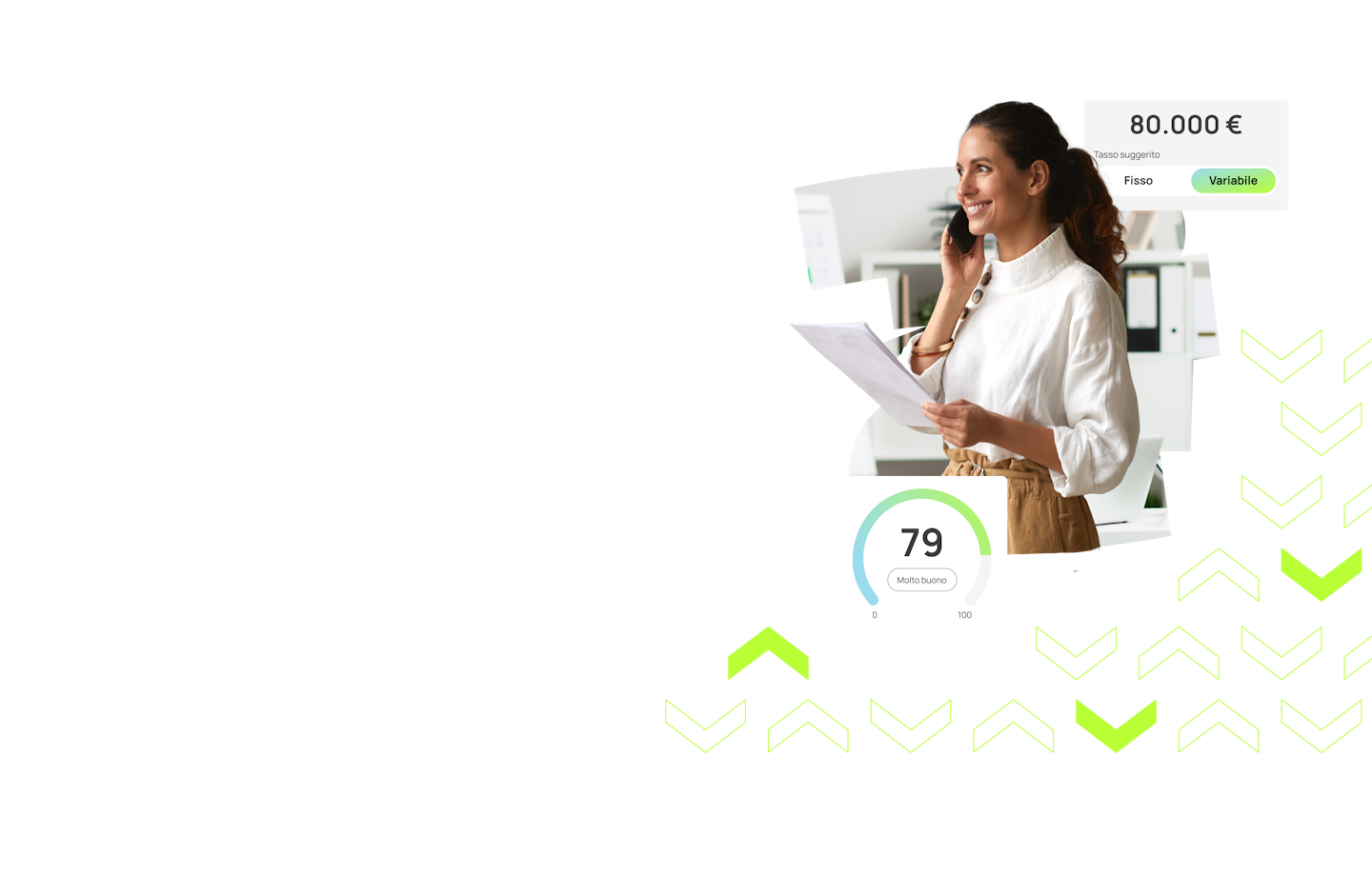 Young woman with a phone in hand and AideXa financing interfaces