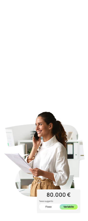 Young woman with a phone in hand and AideXa financing interfaces