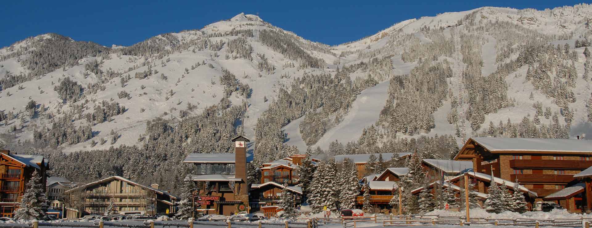 Snowy Teton Village on a sunny date