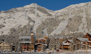 Snowy Teton Village on a sunny date