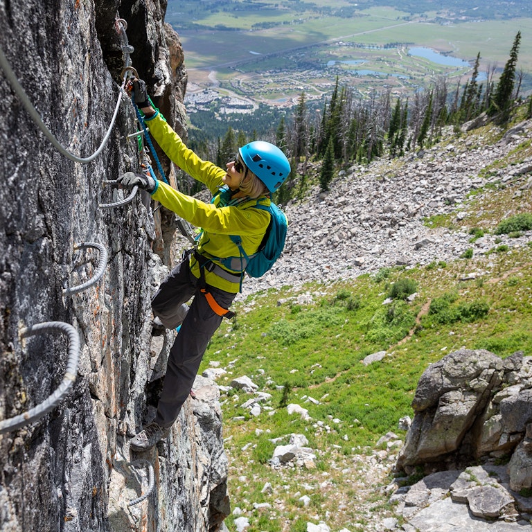 Connie Kemmerer hiking a challenging route on the Via Ferrata