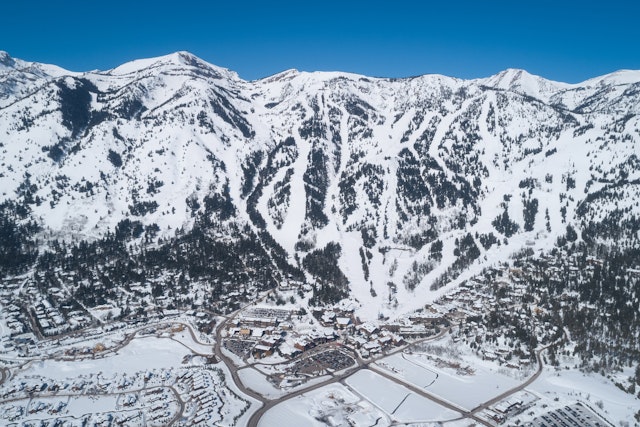 Scenic drone shot of JHMR and Teton Village