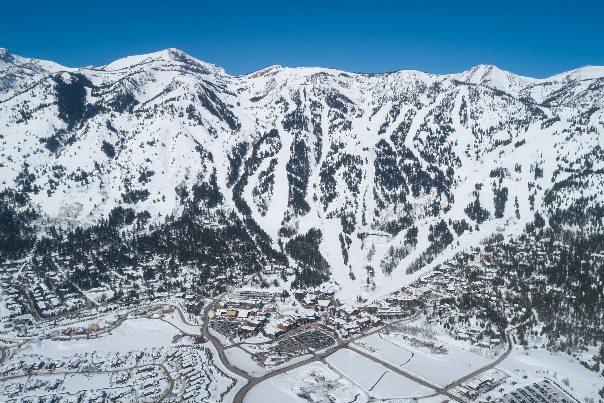 Scenic drone shot of JHMR and Teton Village