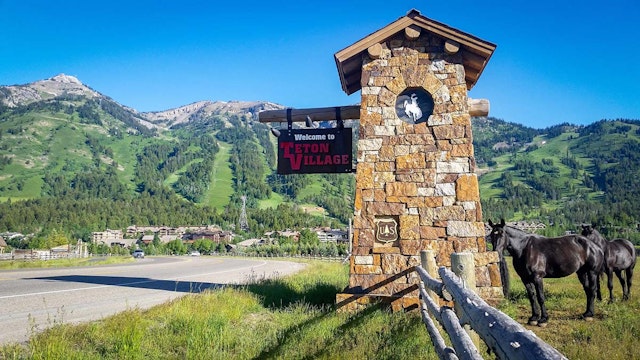 Entrance to Teton Village with Clydesdales