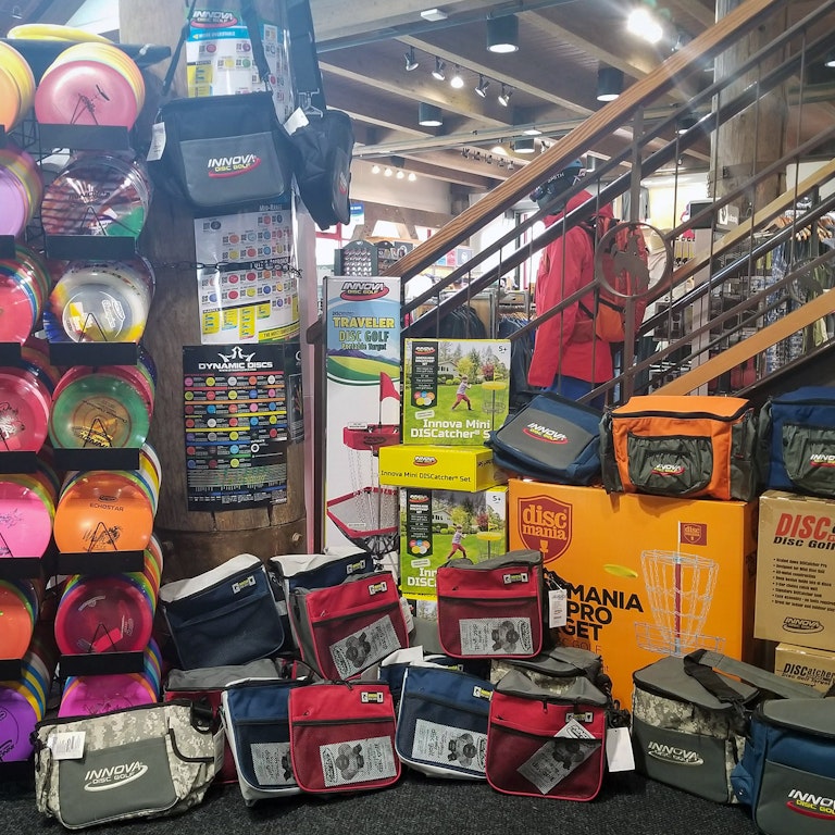 Large selections of discs and bags for disc golf