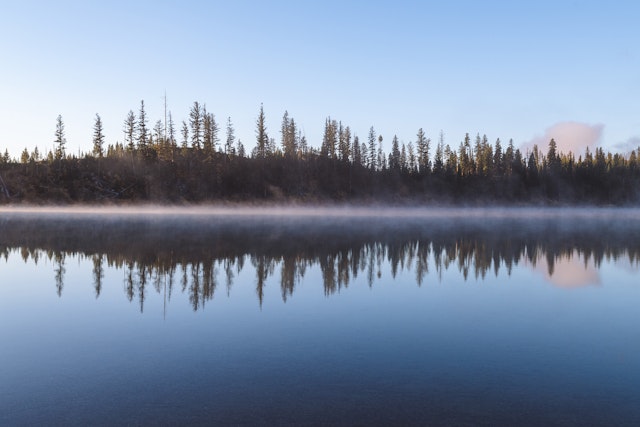 Lake with steam coming off in the morning
