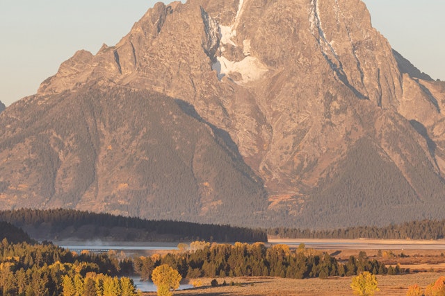 Up close shot of Mount Moran with gorgeous fall colors below