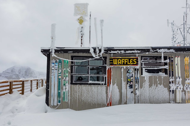 Corbet's Cabin surrounded by drifted snow