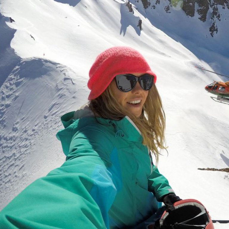 Lindsey Dyer selfie while heli skiing