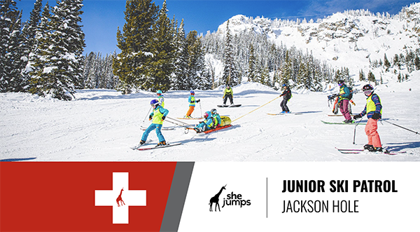 Kids skiing and practicing with patrol for SheJumps