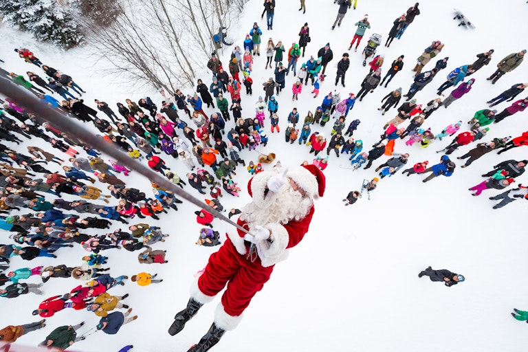 Santa dropping from the Tram on Christmas