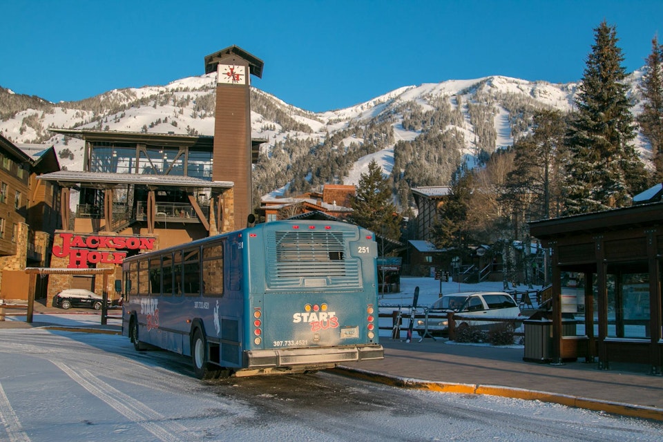 START Bus in front of the mountain in winter