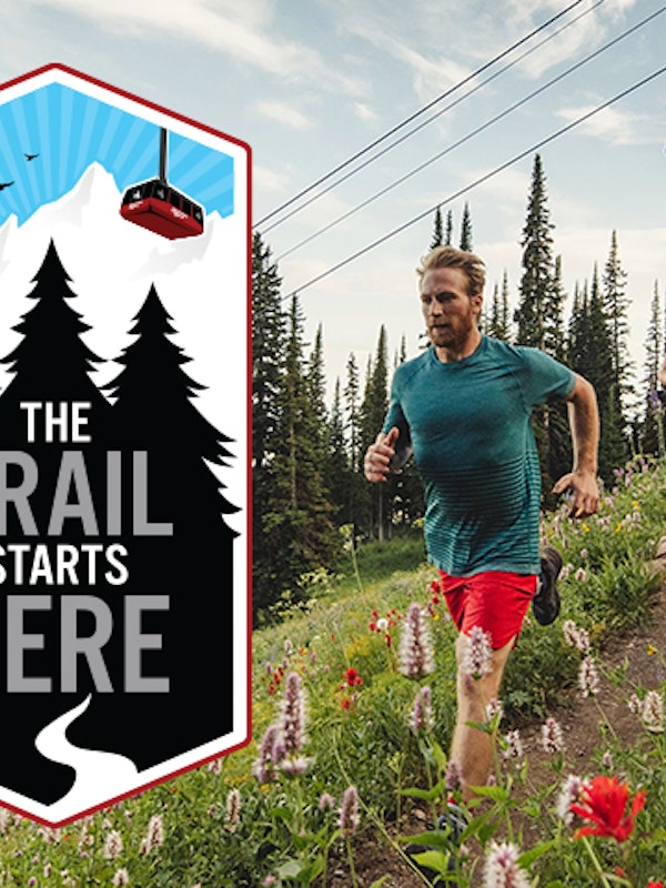 Man and woman trail running with The Trail Starts Here logo