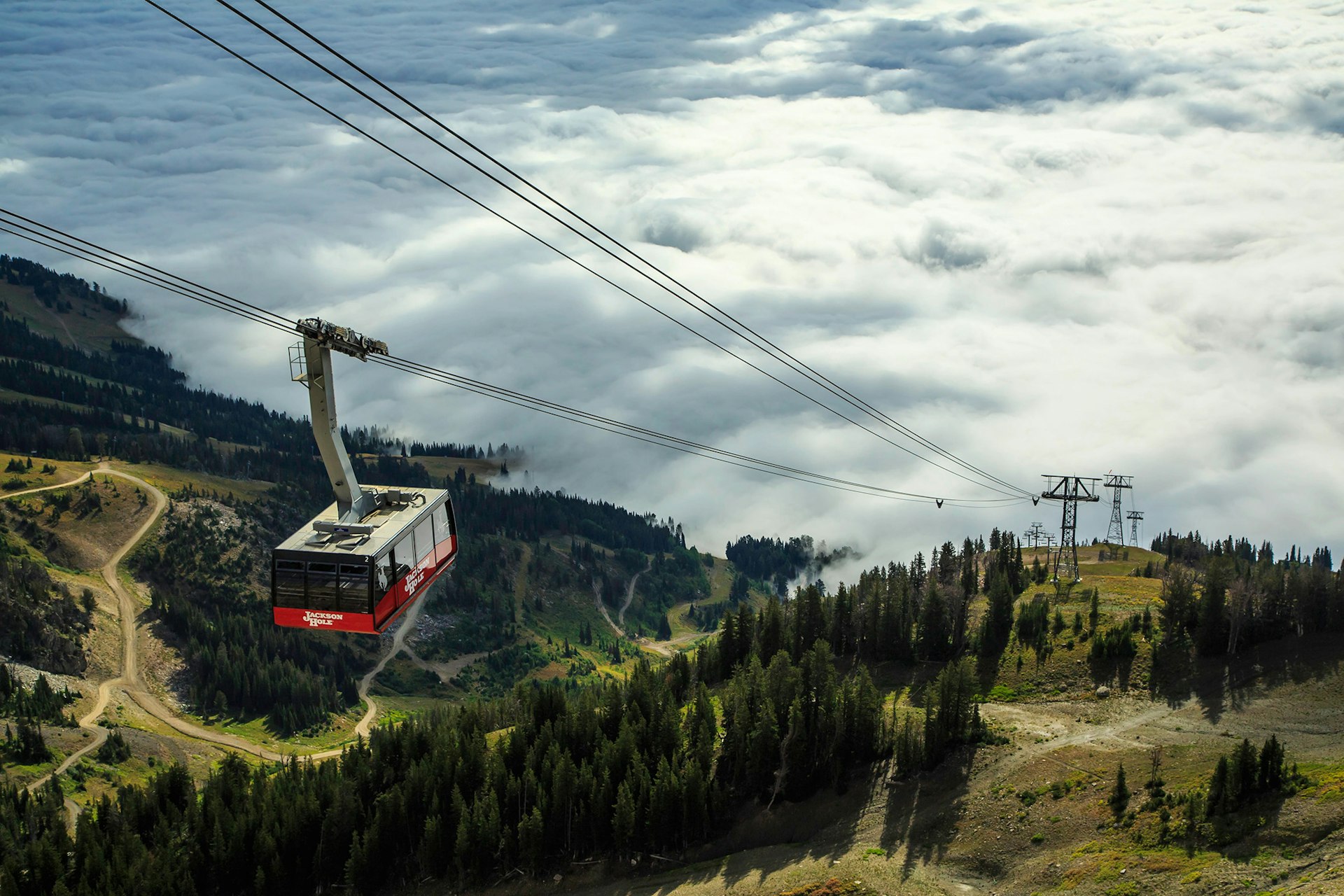 The Aerial Tram flying high above the clouds in summer