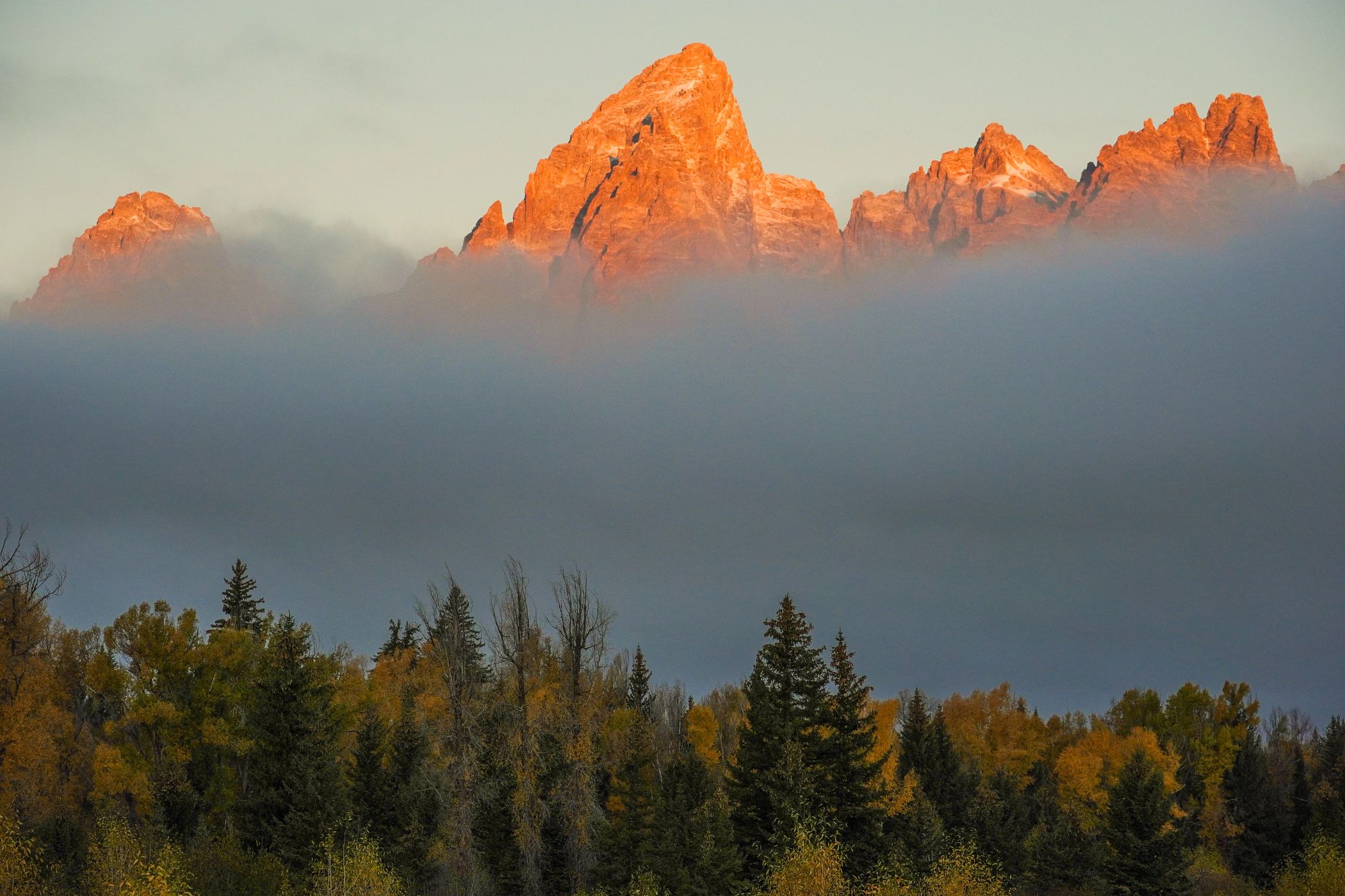 The Tetons glowing during golden hour