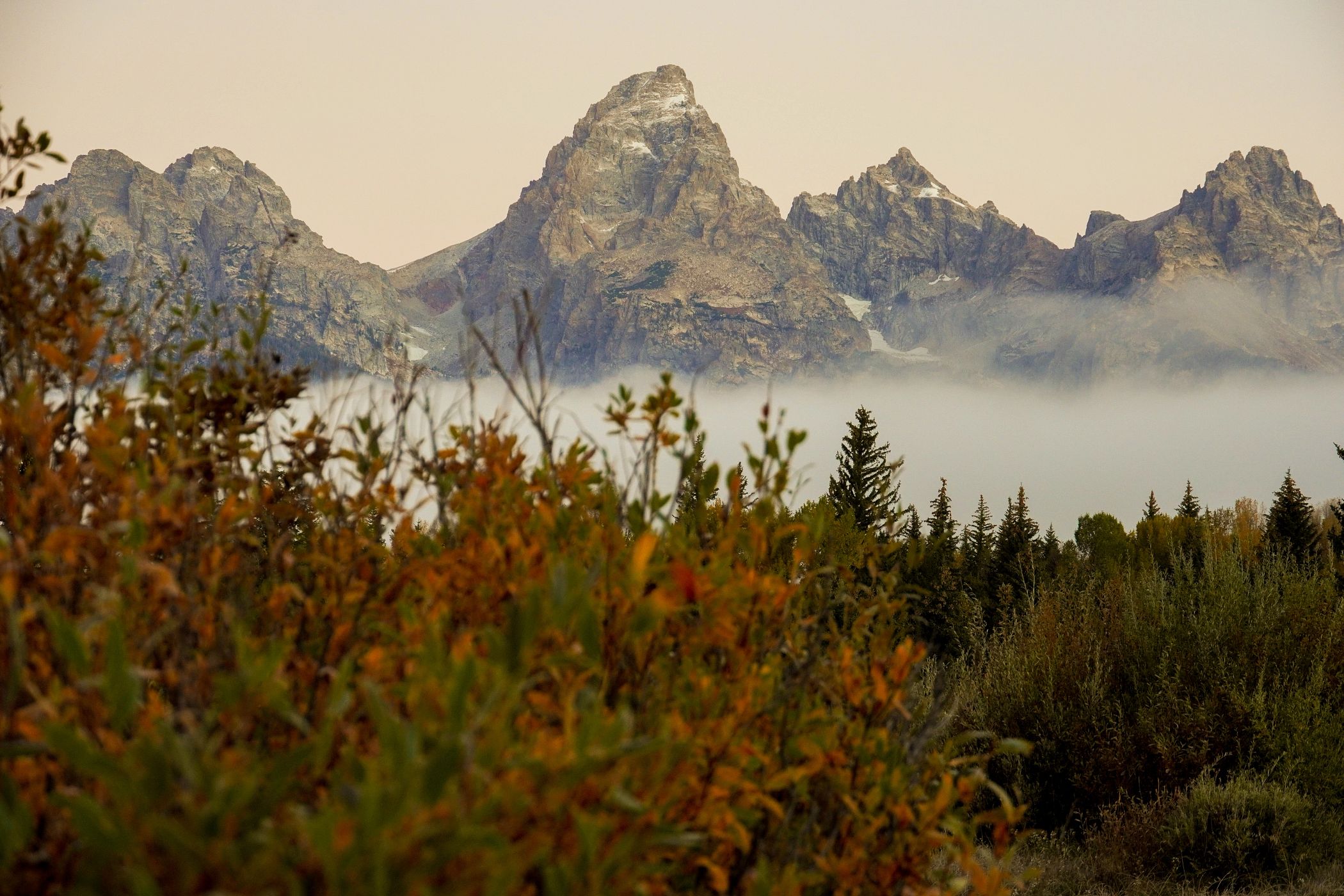 View of the tetons at Blacktail Ponds during an inversion