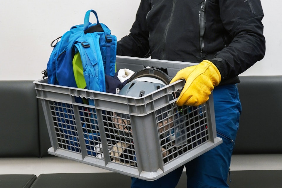 gear loaded into a basket at the basket check