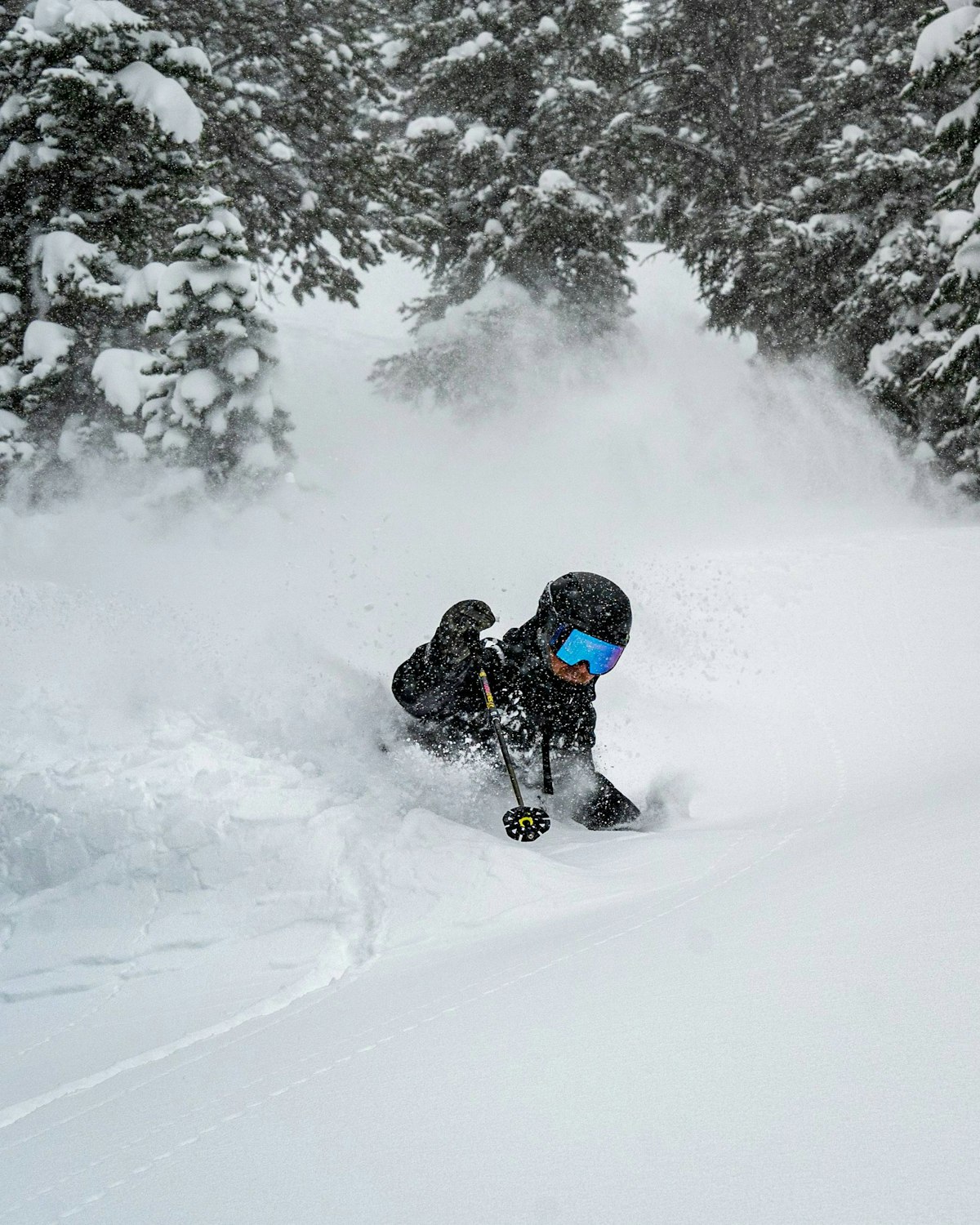 Skier chest deep in powder