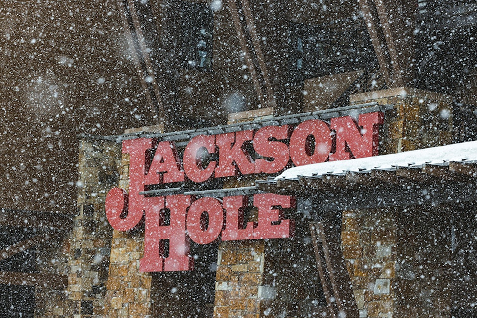 Jackson Hole sign in snow